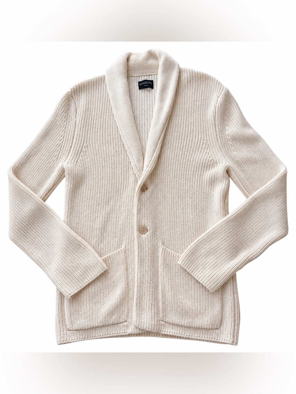 Goodlife Men’s Medium Cream Cotton Shawl Collar Cardigan Sweater